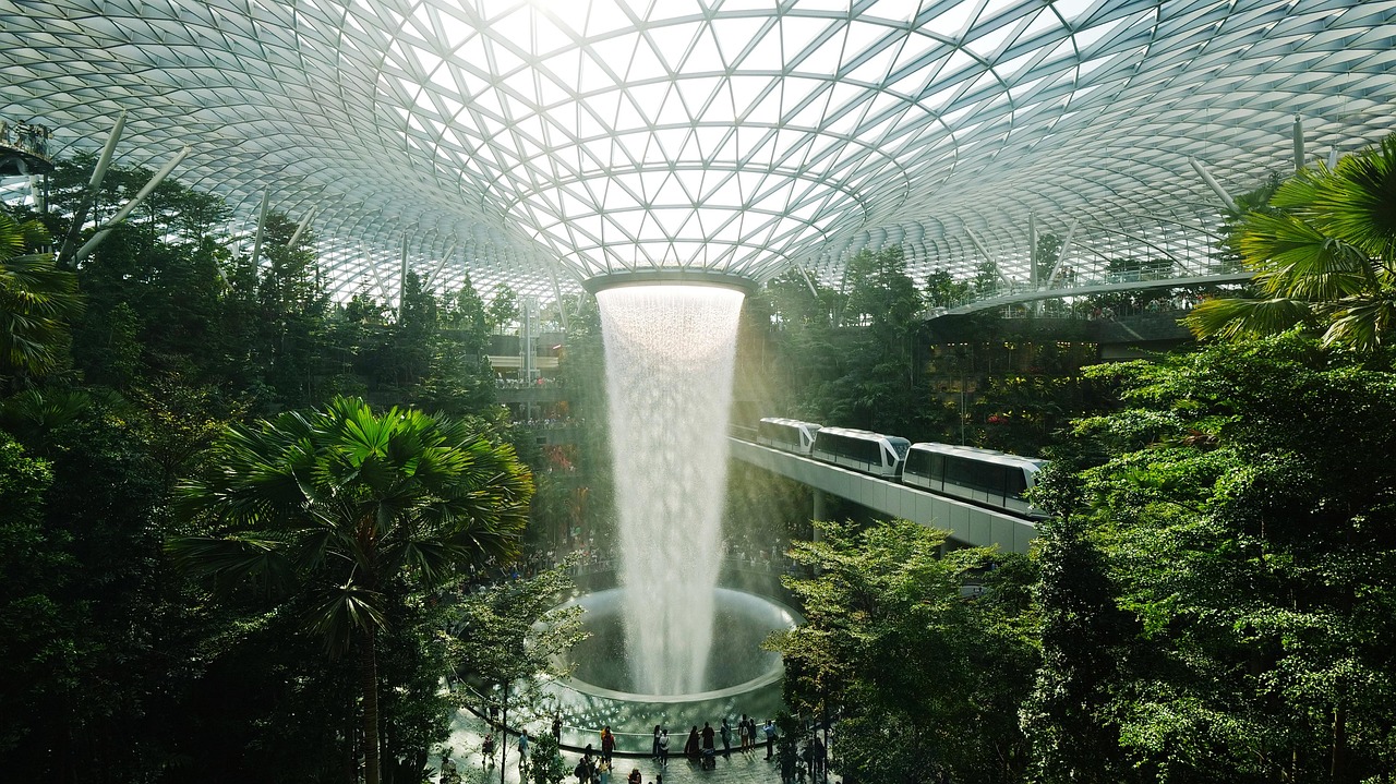 jewel, nature, singapore, airport, changi, center, commercial, asia, design, travels, architecture, waterfall, cover, art, jungle, forest, train